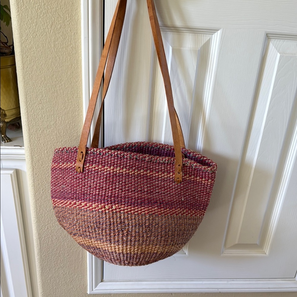 Vintage African Handwoven Multicolor Rafia and leather Tote market Bag